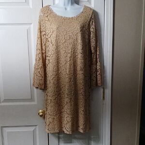 Brittany Black nude lace bell sleeve dress Sz L EUC